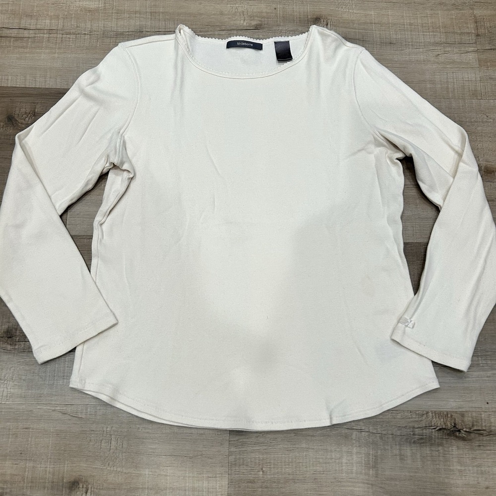 VTG Y2K Long Sleeve Top Sz M Gorpcore Soft Liz Claiborne Beige Oatmeal Cotton